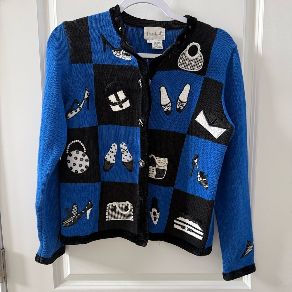 Vintage Just B Handbags and Heels Royal Blue, Black and White Sweater Size Small